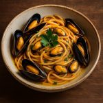 Tagliolino all’aglio orsino, vongole e impepata di cozze